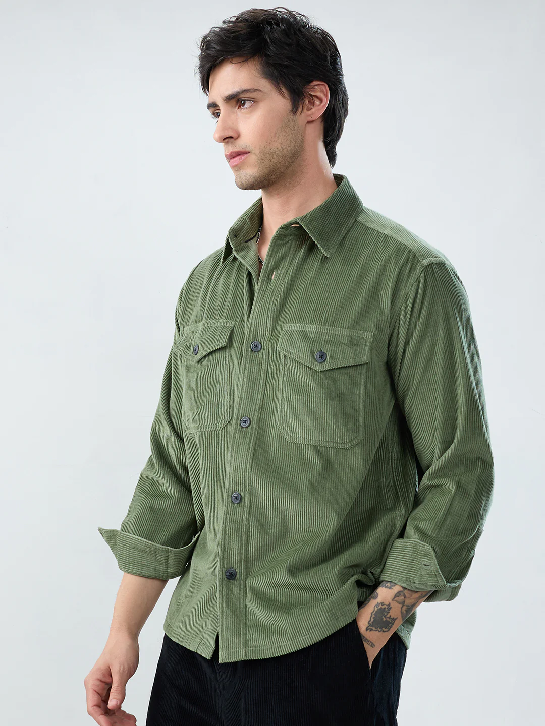 Green Mossline Structured Corduroy Double Pocket Overshirt - Image 7