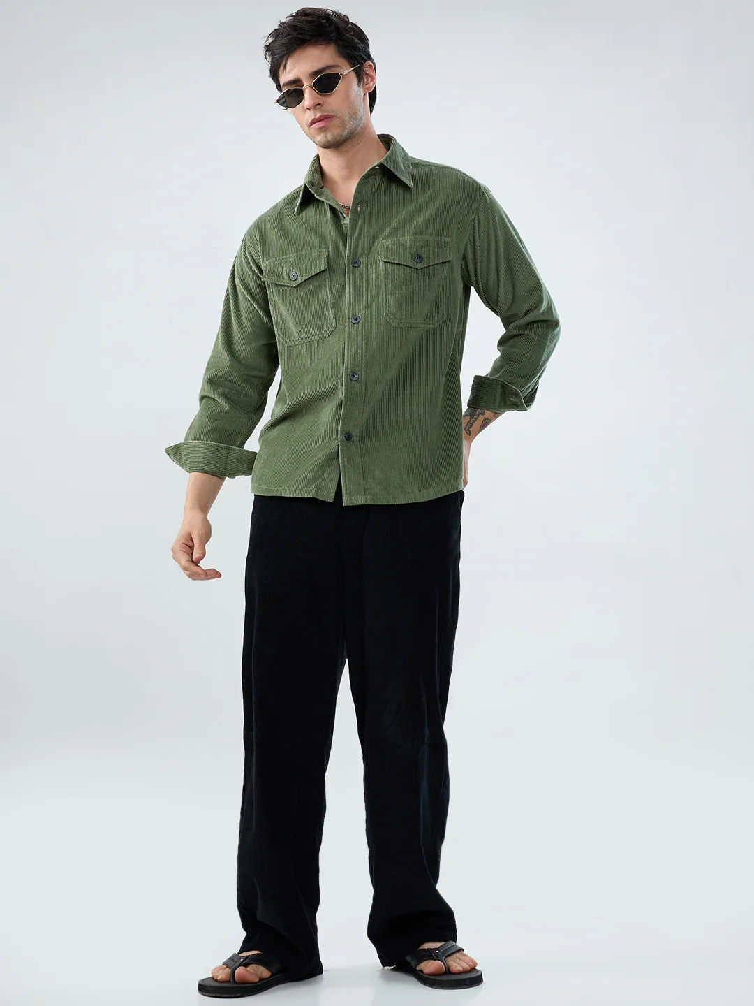 Green Mossline Structured Corduroy Double Pocket Overshirt - Image 9