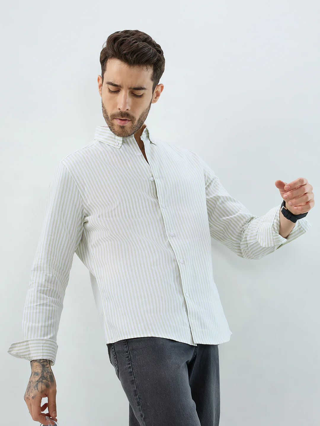 Green & White Candy Striped Oxford Button-Down Business Shirt - Image 4