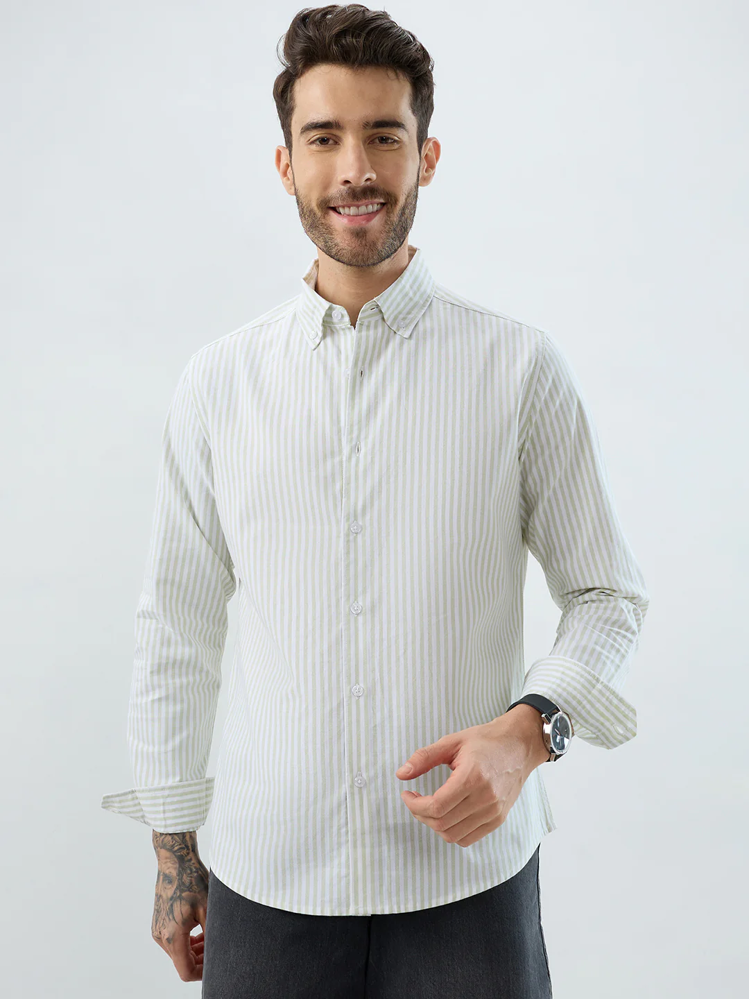 Green & White Candy Striped Oxford Button-Down Business Shirt - Image 5