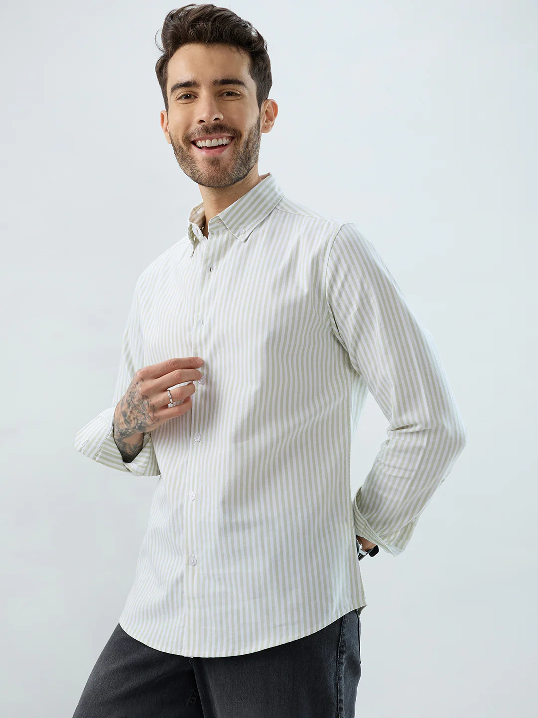 Green & White Candy Striped Oxford Button-Down Business Shirt - Image 6