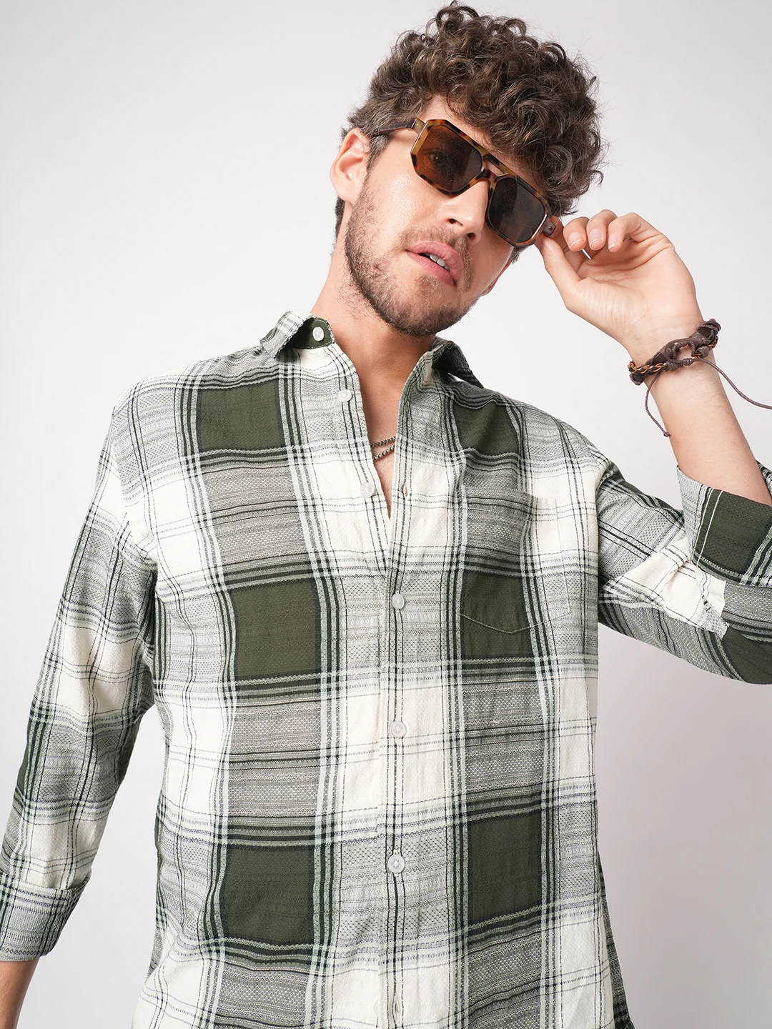 Green & White Precision Weave Checks Jacquard Shirt - Image 2