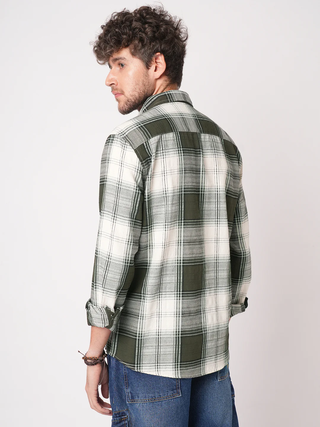Green & White Precision Weave Checks Jacquard Shirt - Image 6