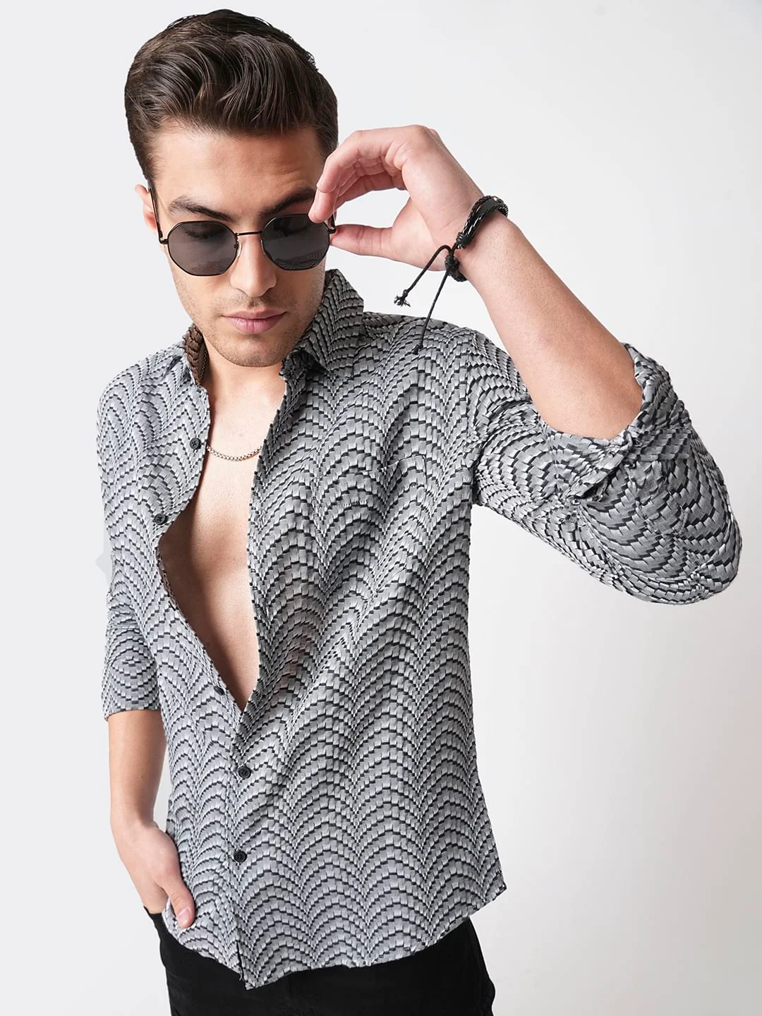 Grey & Black Jacquard Weaved Shirt