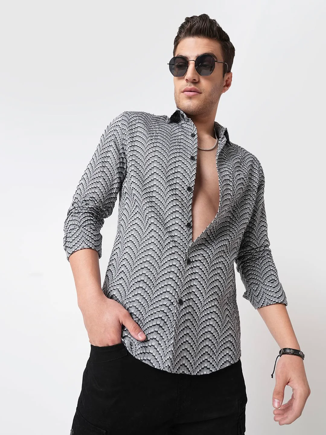 Grey & Black Jacquard Weaved Shirt - Image 2