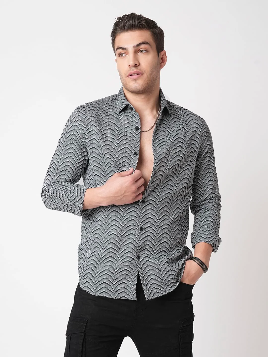 Grey & Black Jacquard Weaved Shirt - Image 4