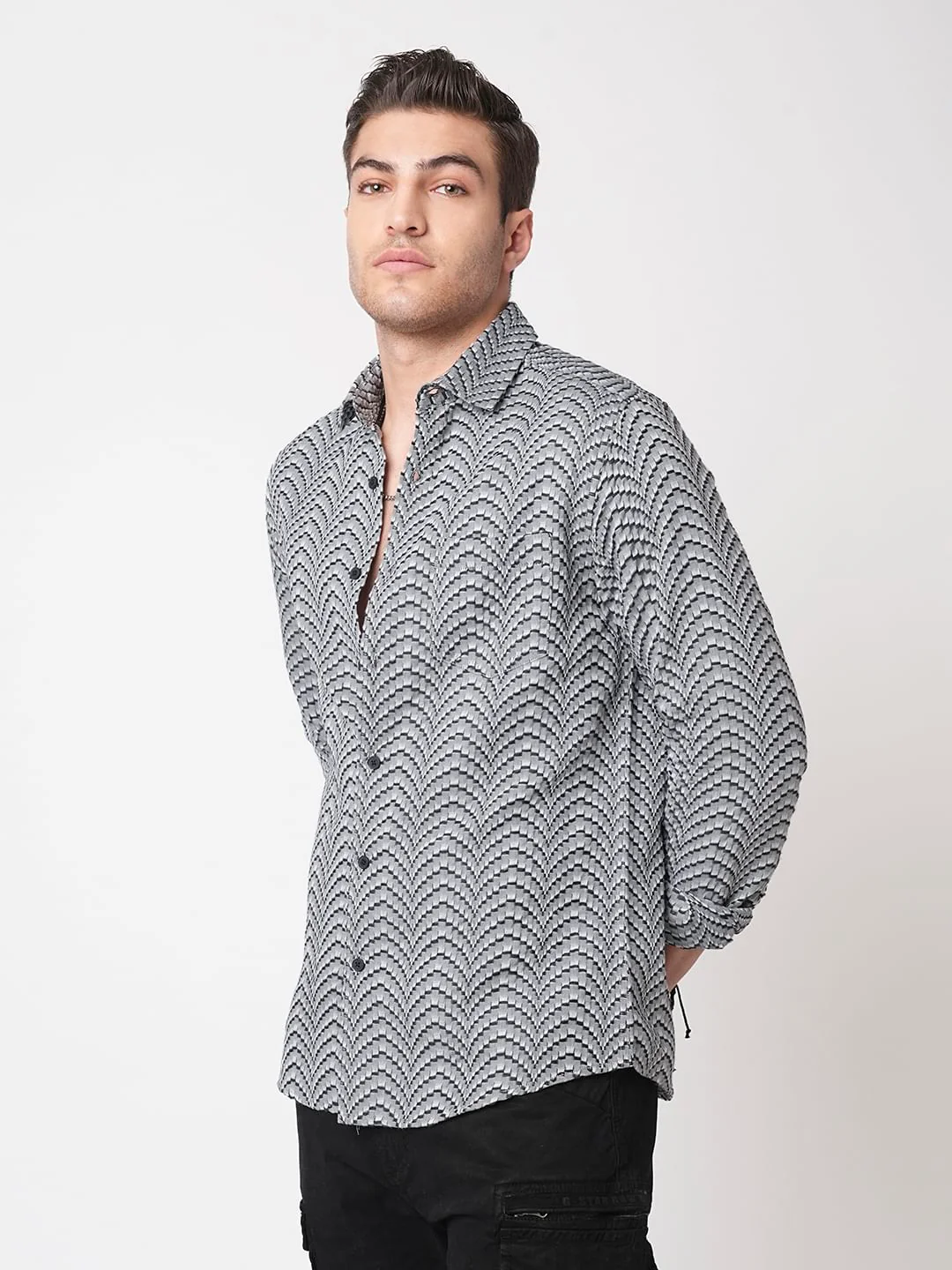 Grey & Black Jacquard Weaved Shirt - Image 5