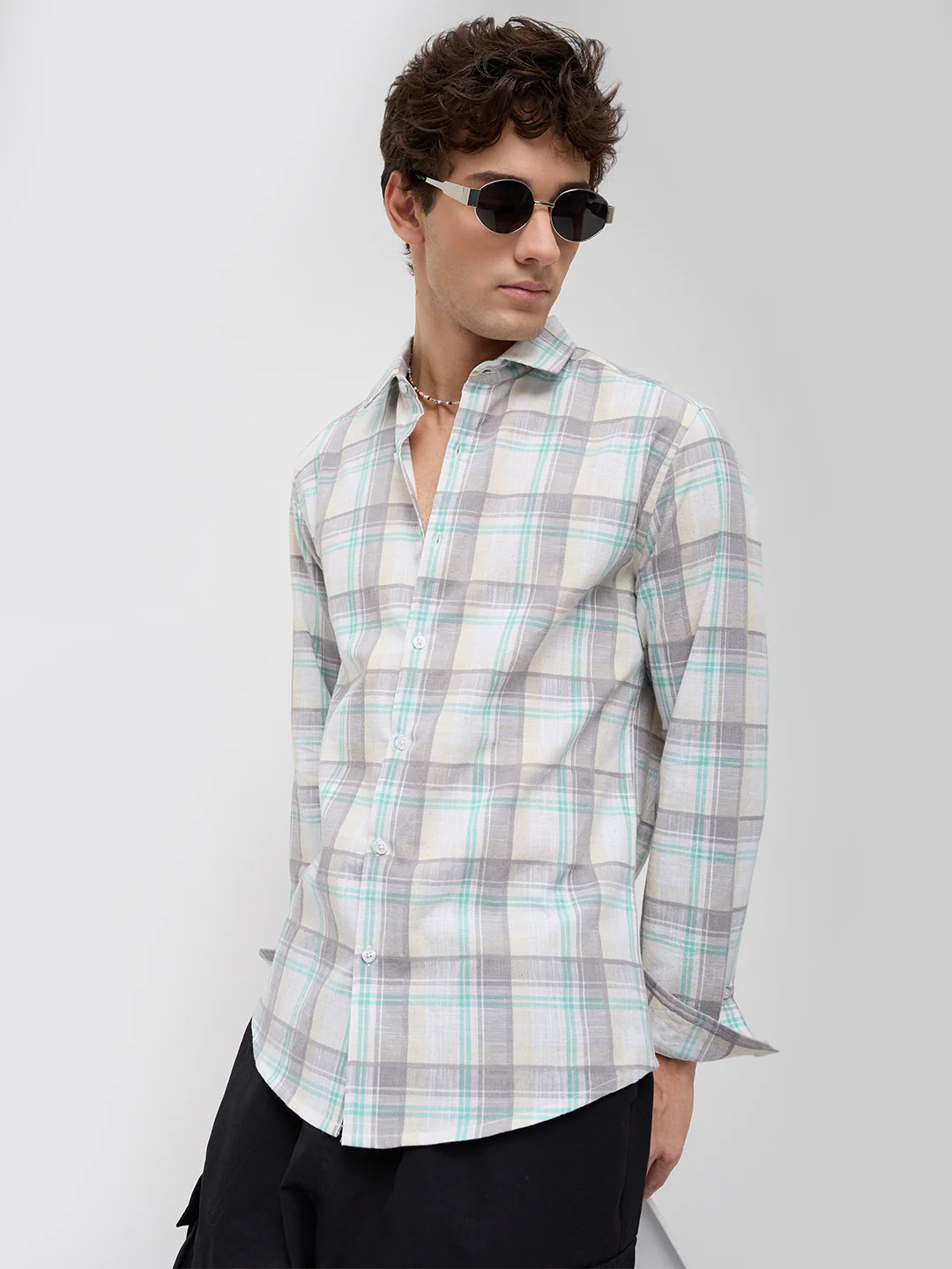 Grey & White Plaid Checks Textured Shirt - Image 4