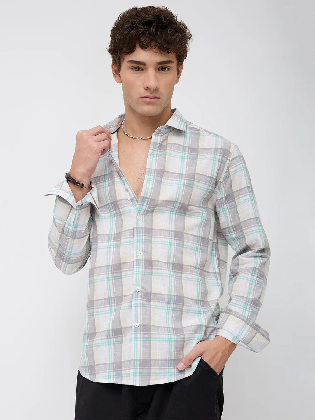 Grey & White Plaid Checks Textured Shirt - Image 5