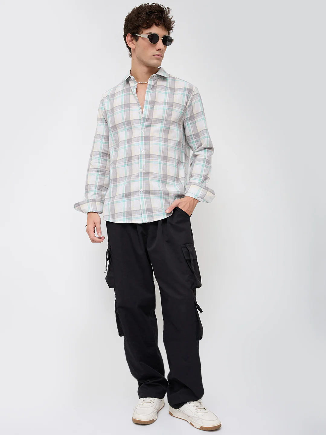 Grey & White Plaid Checks Textured Shirt - Image 7