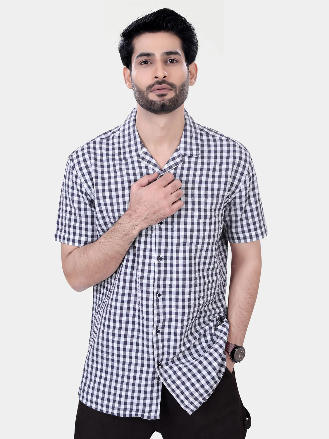 Grey and White Seersucker Checked Oversized Shirt - Image 4