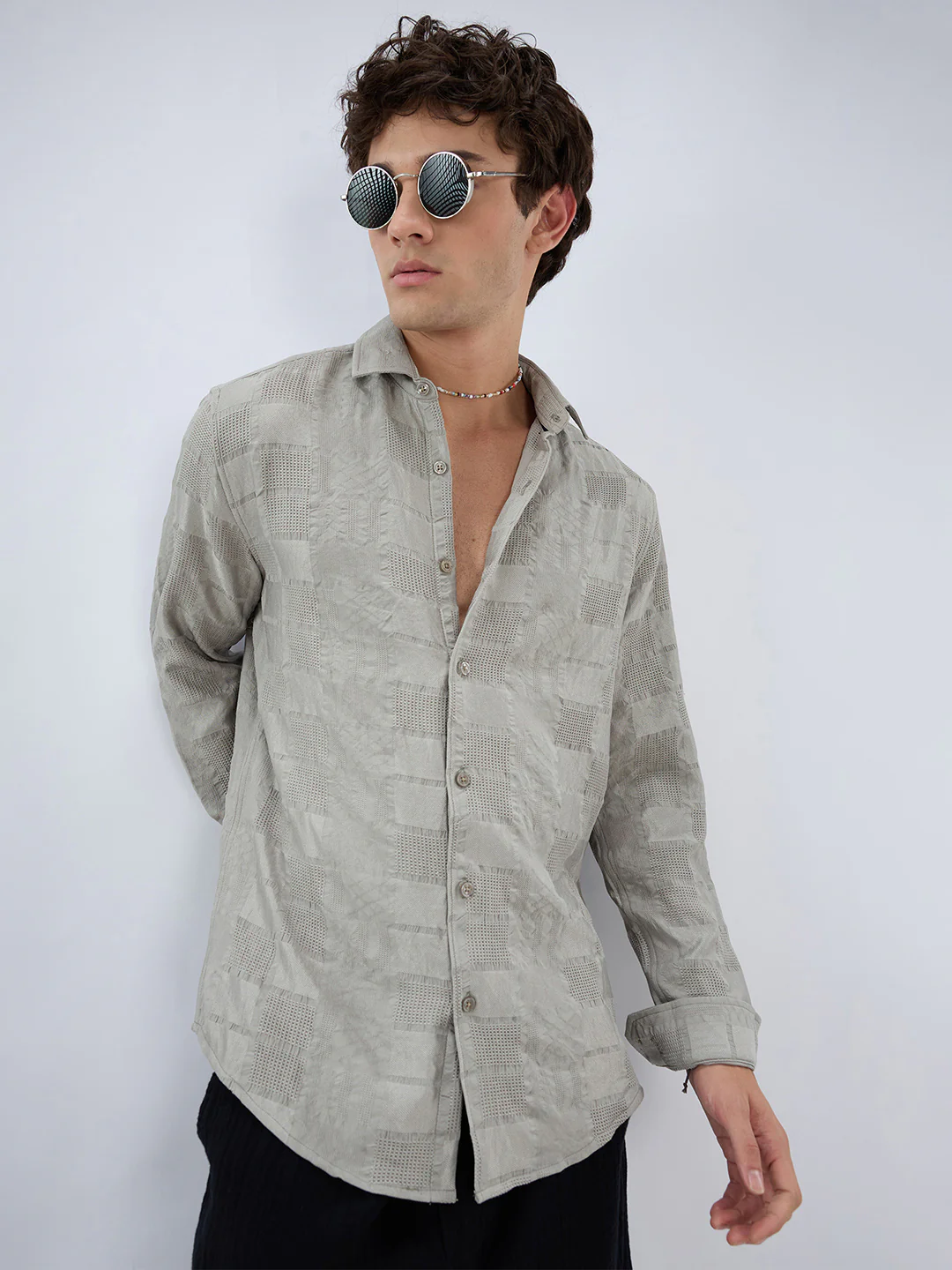 Grey Block Checks Motif Embossed Shirt - Image 2