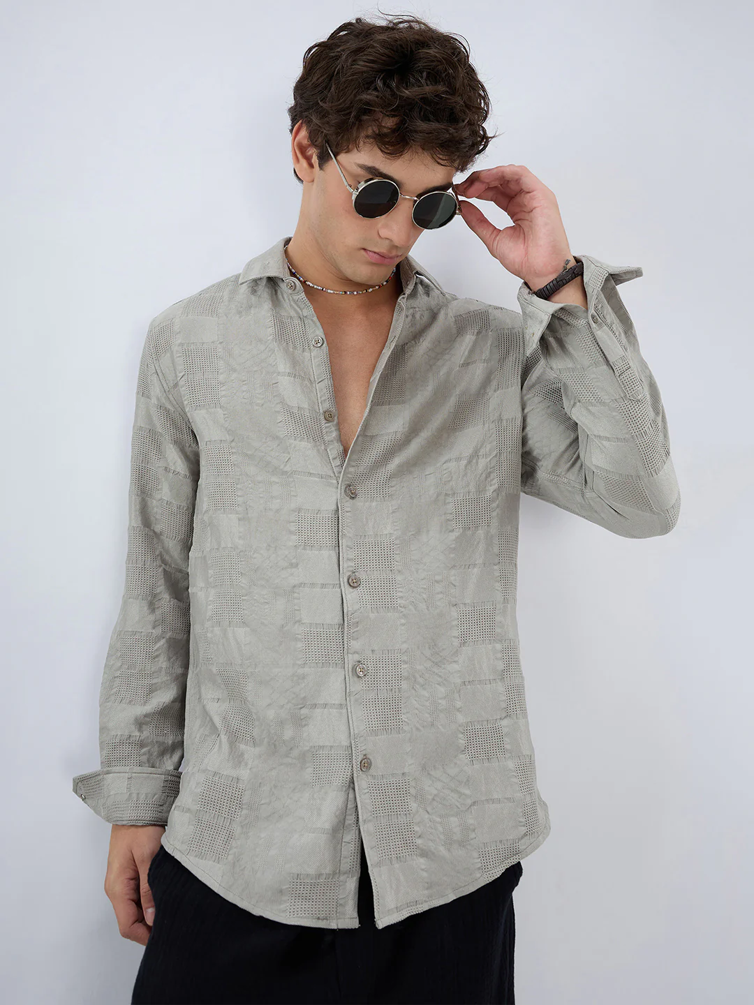 Grey Block Checks Motif Embossed Shirt - Image 4