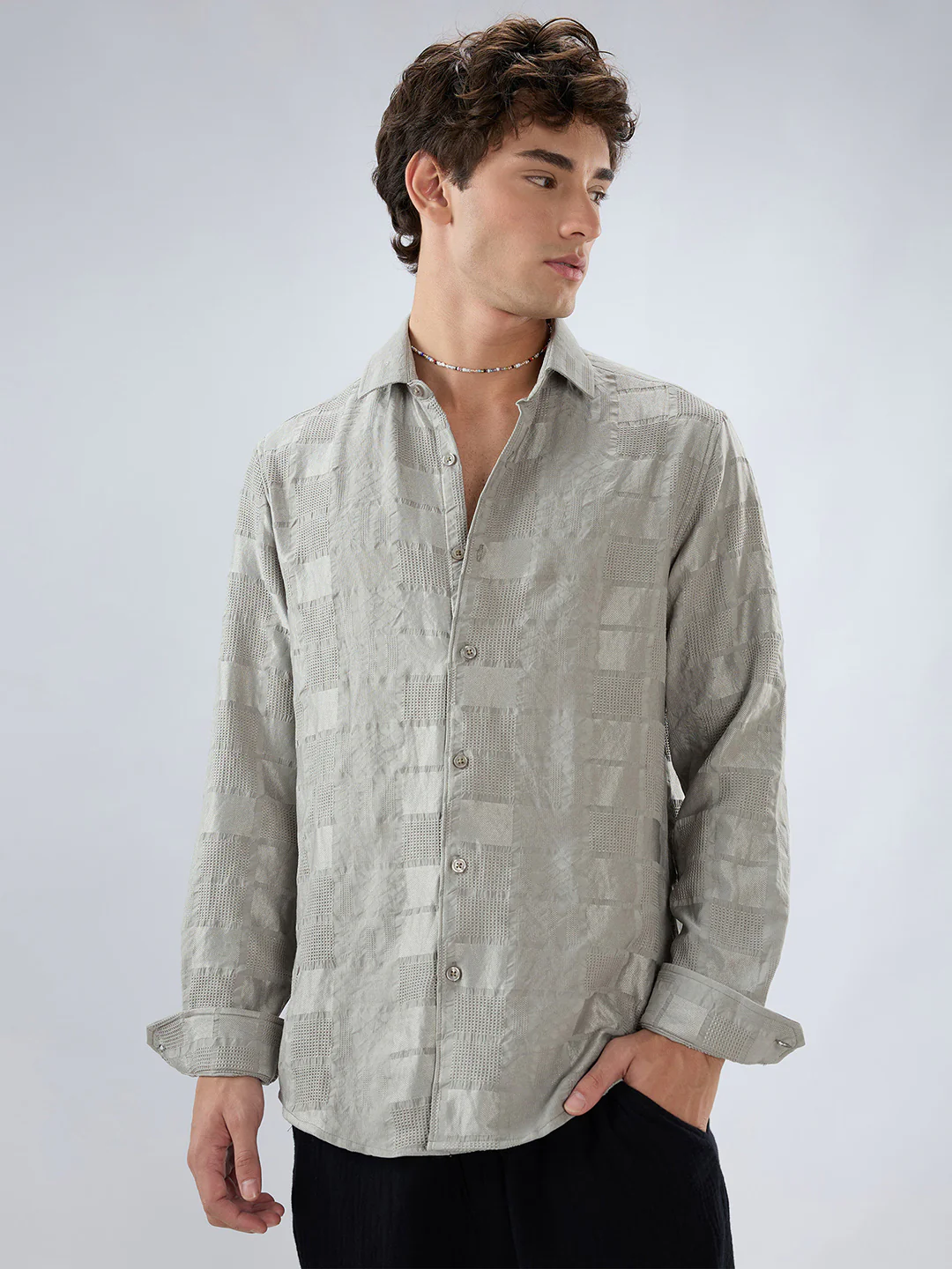 Grey Block Checks Motif Embossed Shirt - Image 5