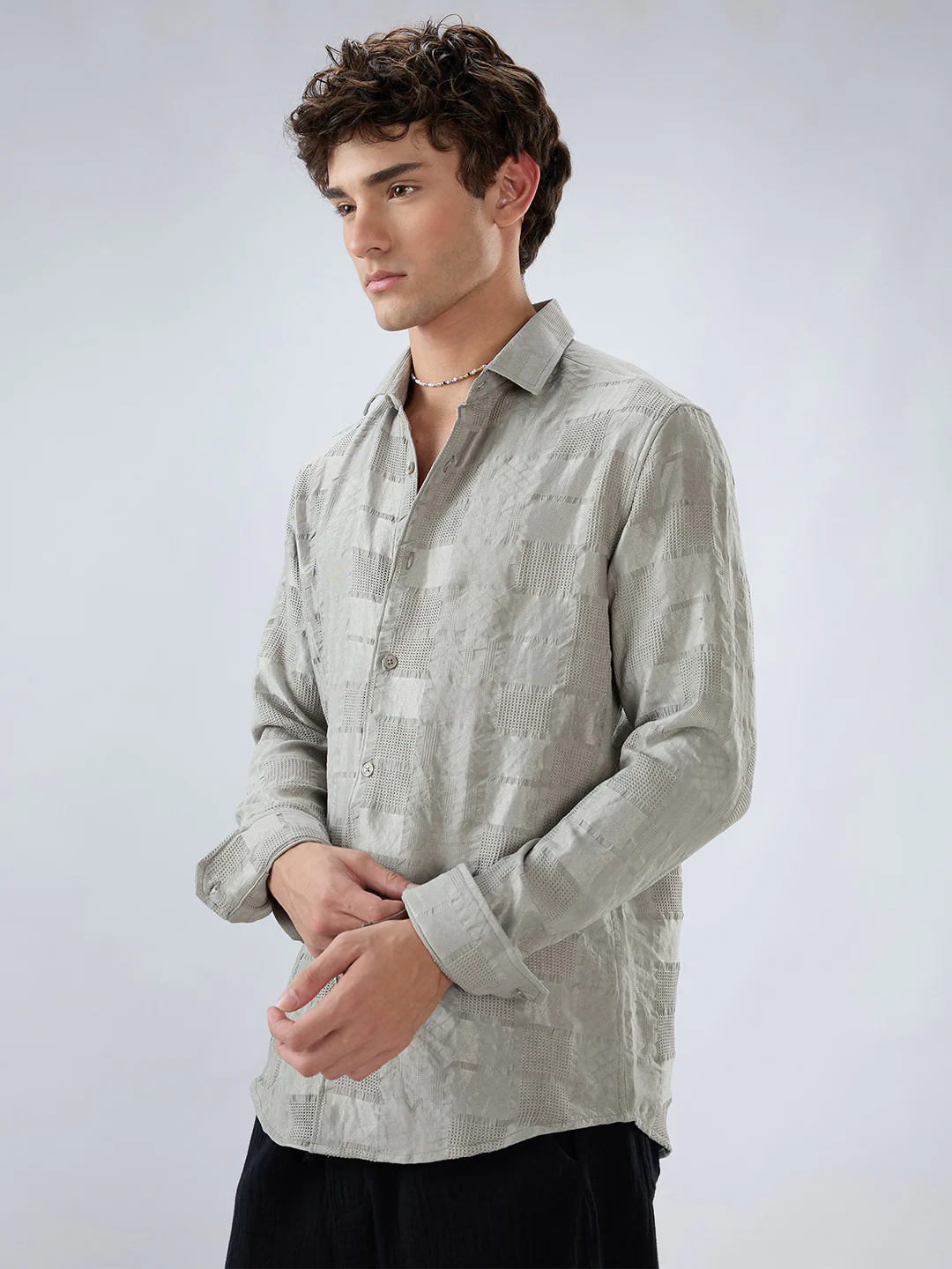 Grey Block Checks Motif Embossed Shirt - Image 6