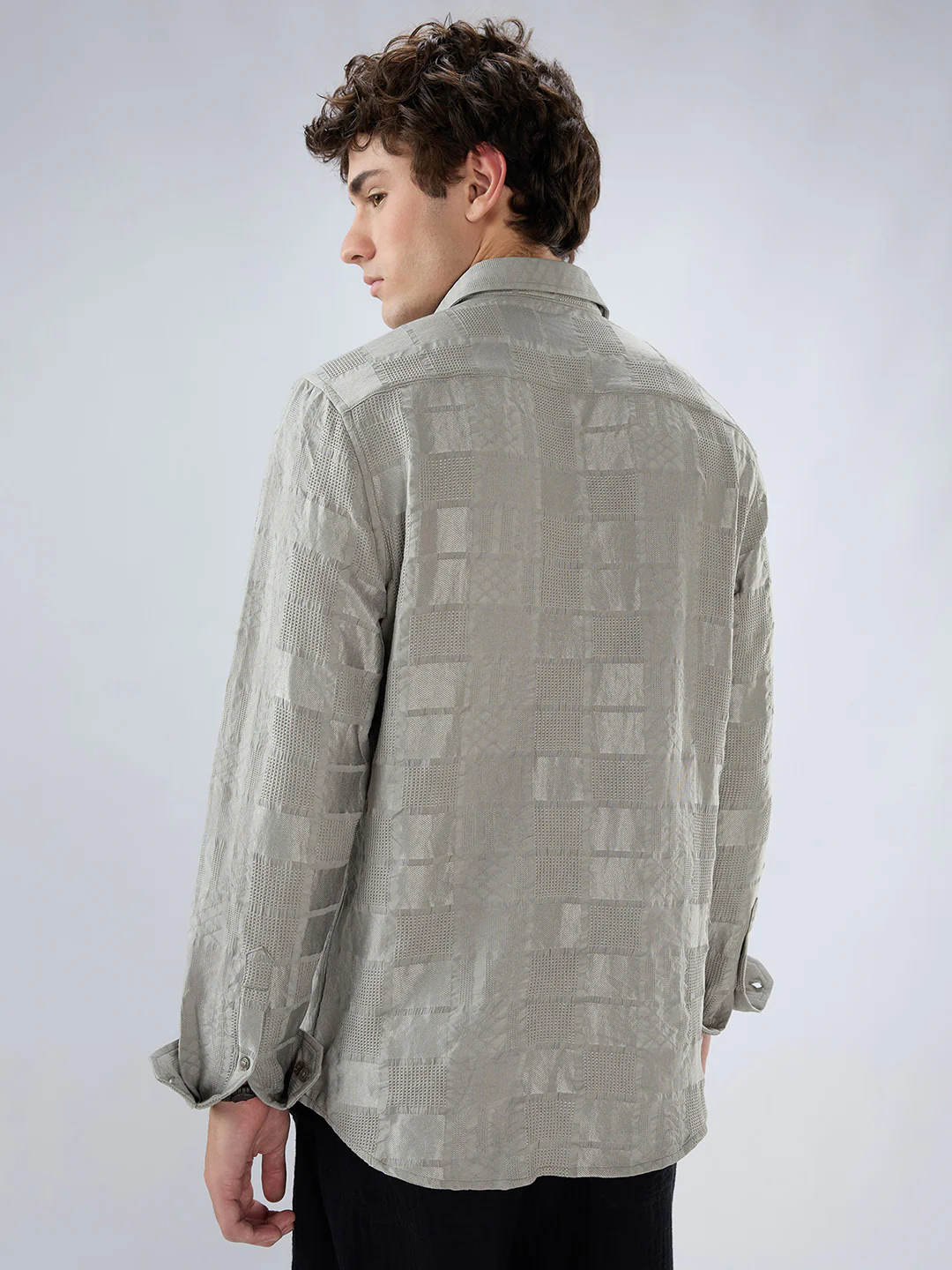 Grey Block Checks Motif Embossed Shirt - Image 7