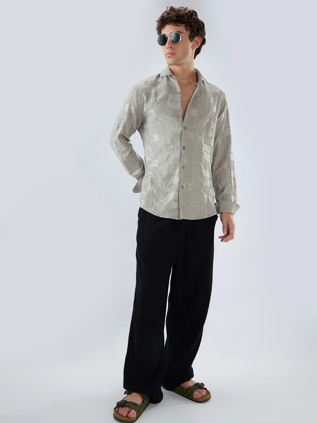 Grey Block Checks Motif Embossed Shirt - Image 8