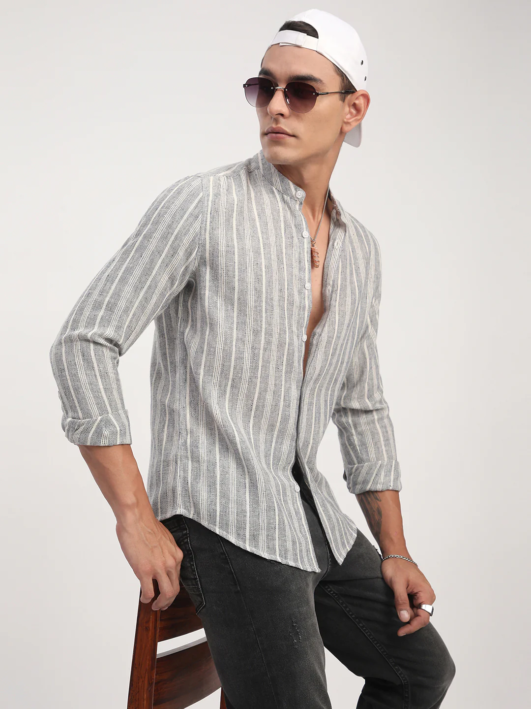 Grey Cloud Striped Mandarin Linen Blend Shirt