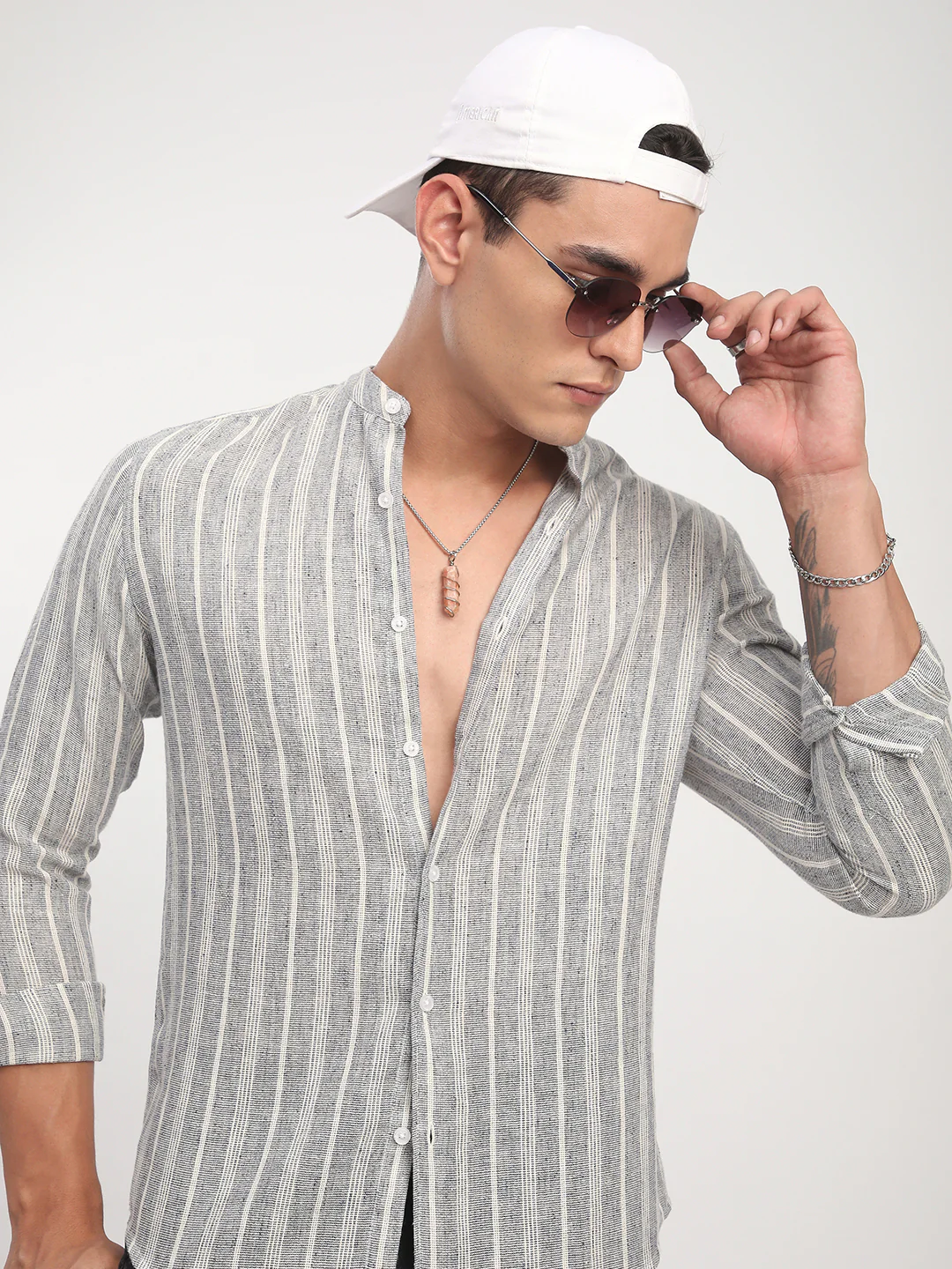 Grey Cloud Striped Mandarin Linen Blend Shirt - Image 2