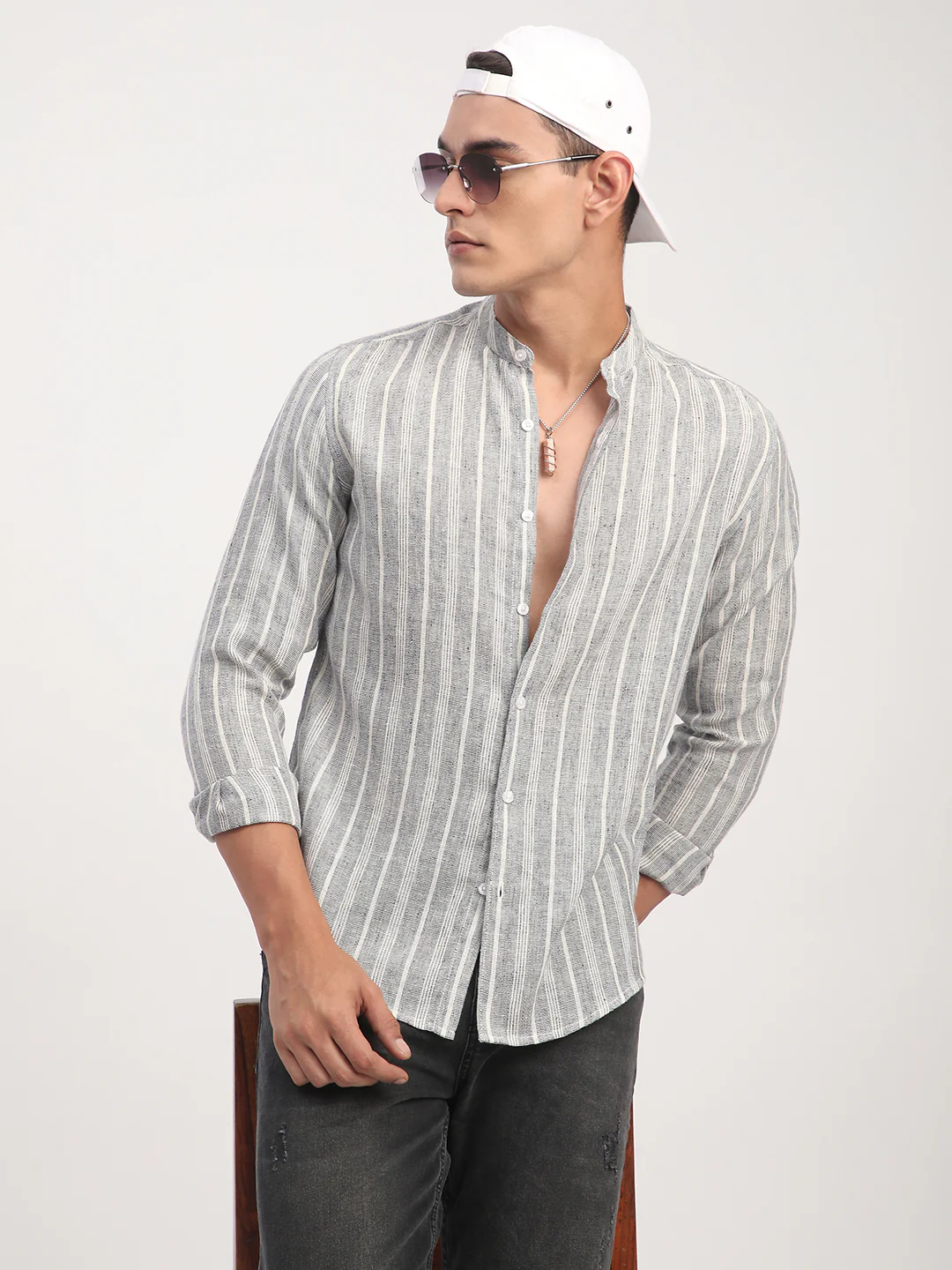 Grey Cloud Striped Mandarin Linen Blend Shirt - Image 4