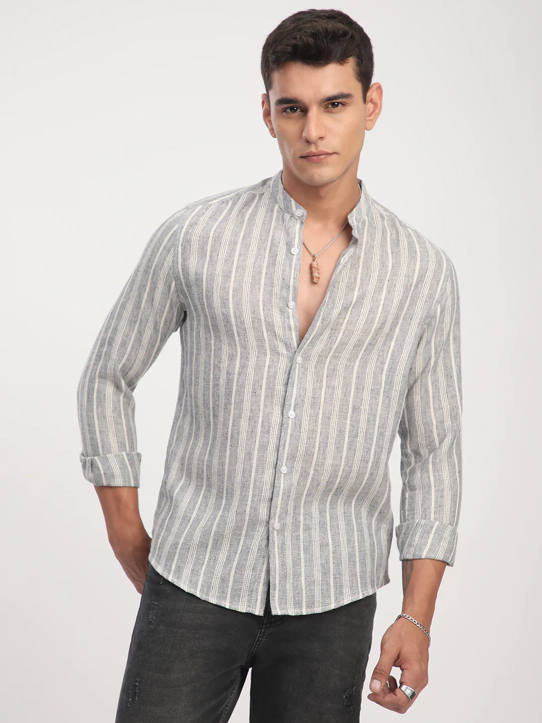 Grey Cloud Striped Mandarin Linen Blend Shirt - Image 5