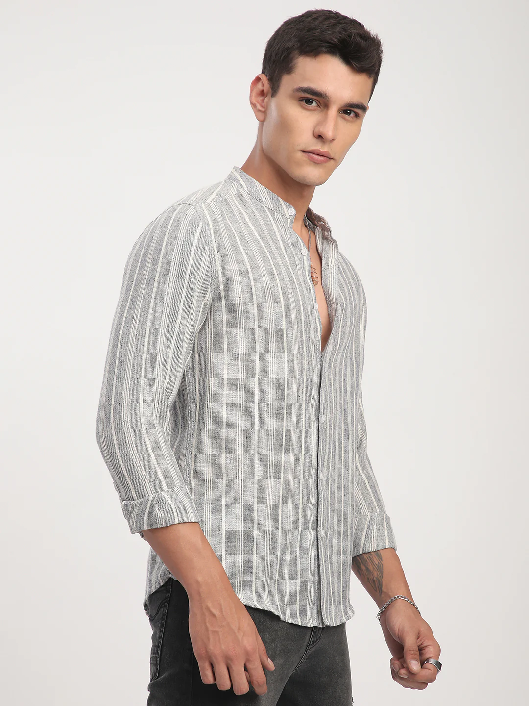 Grey Cloud Striped Mandarin Linen Blend Shirt - Image 6