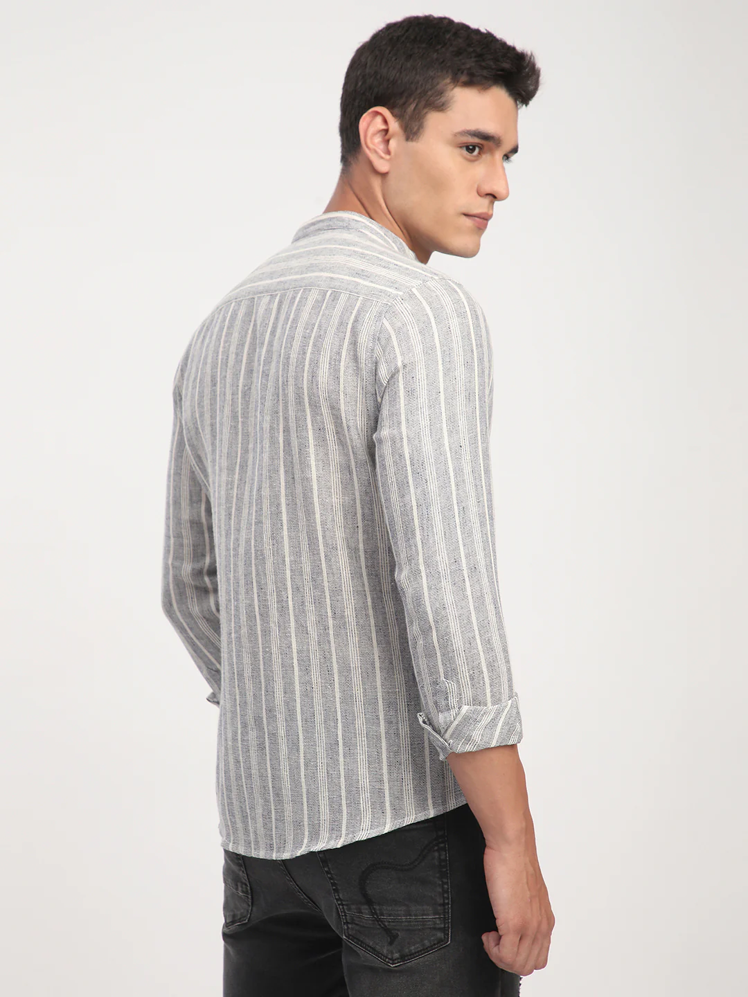 Grey Cloud Striped Mandarin Linen Blend Shirt - Image 7