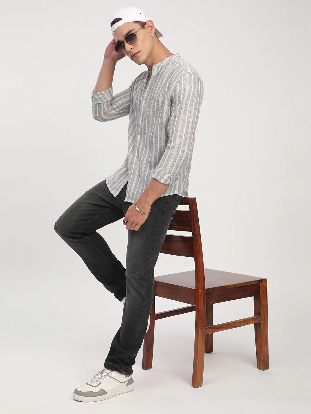 Grey Cloud Striped Mandarin Linen Blend Shirt - Image 8