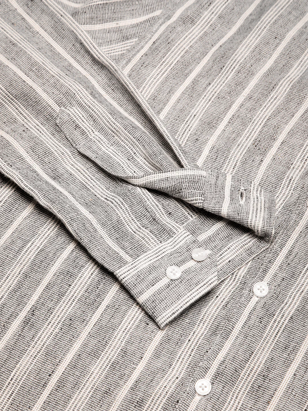 Grey Cloud Striped Mandarin Linen Blend Shirt - Image 9