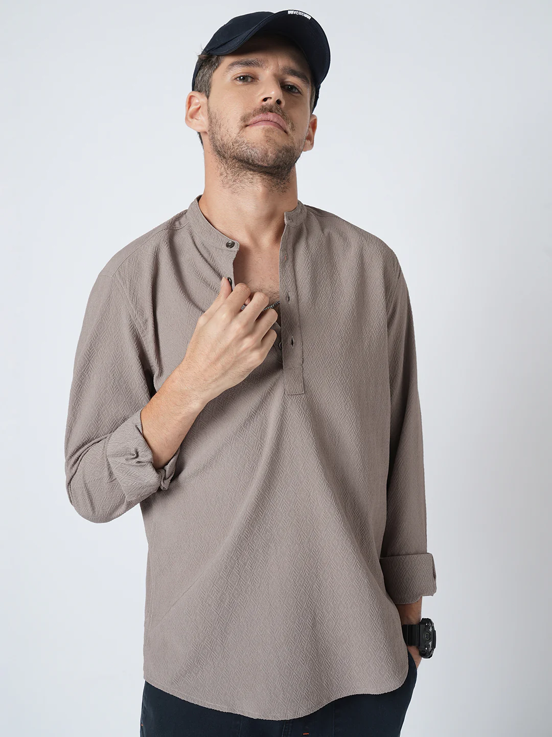 Grey Diamond Weave Textured Kurta - Image 4