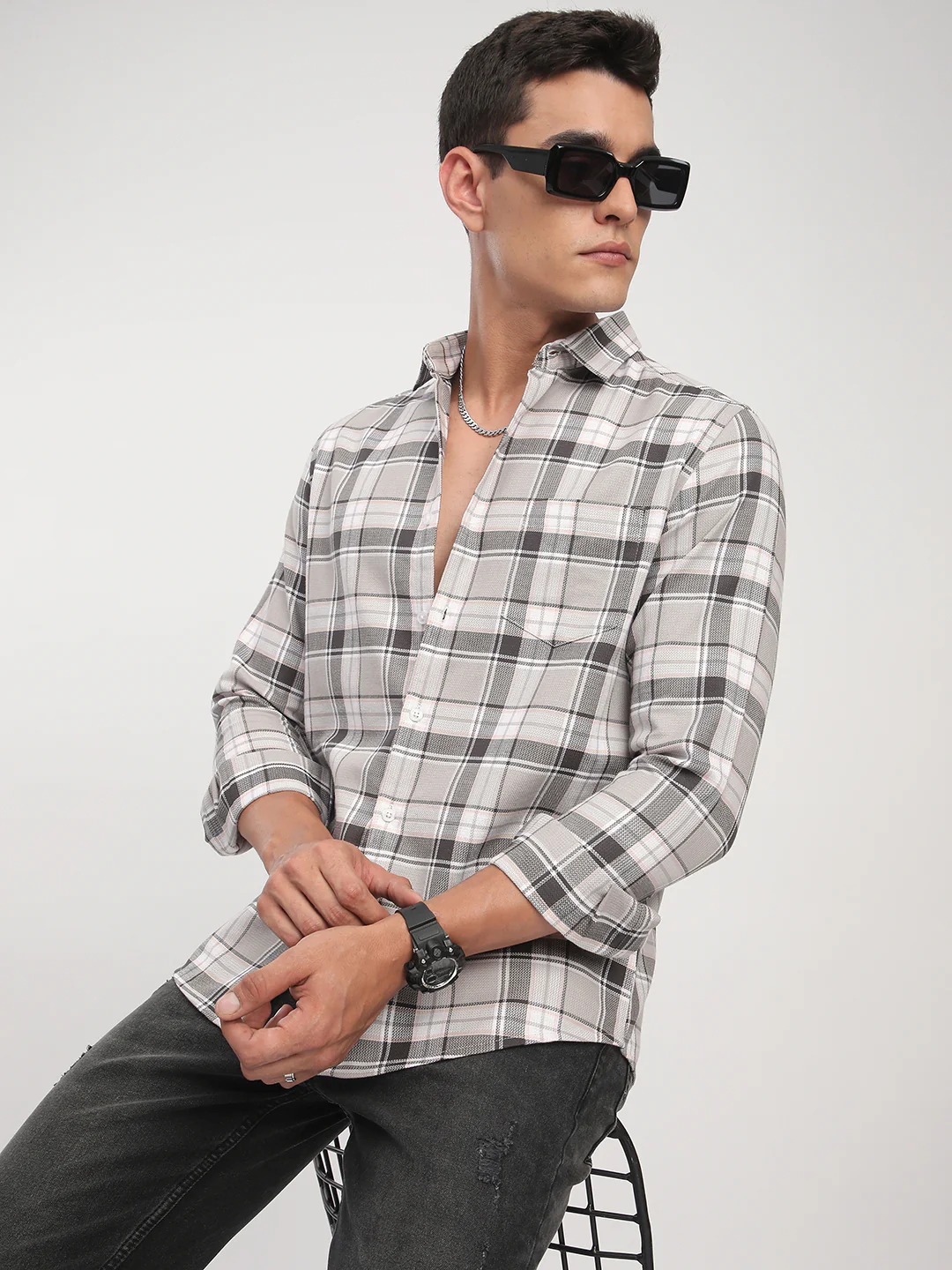 Grey Elegant Plaid Checks Shirt - Image 2