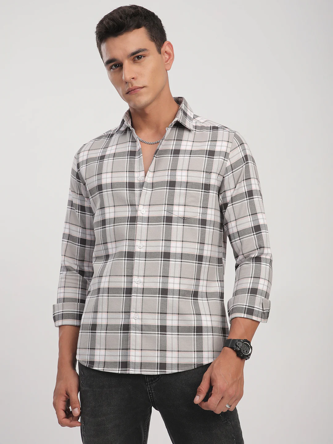 Grey Elegant Plaid Checks Shirt - Image 4