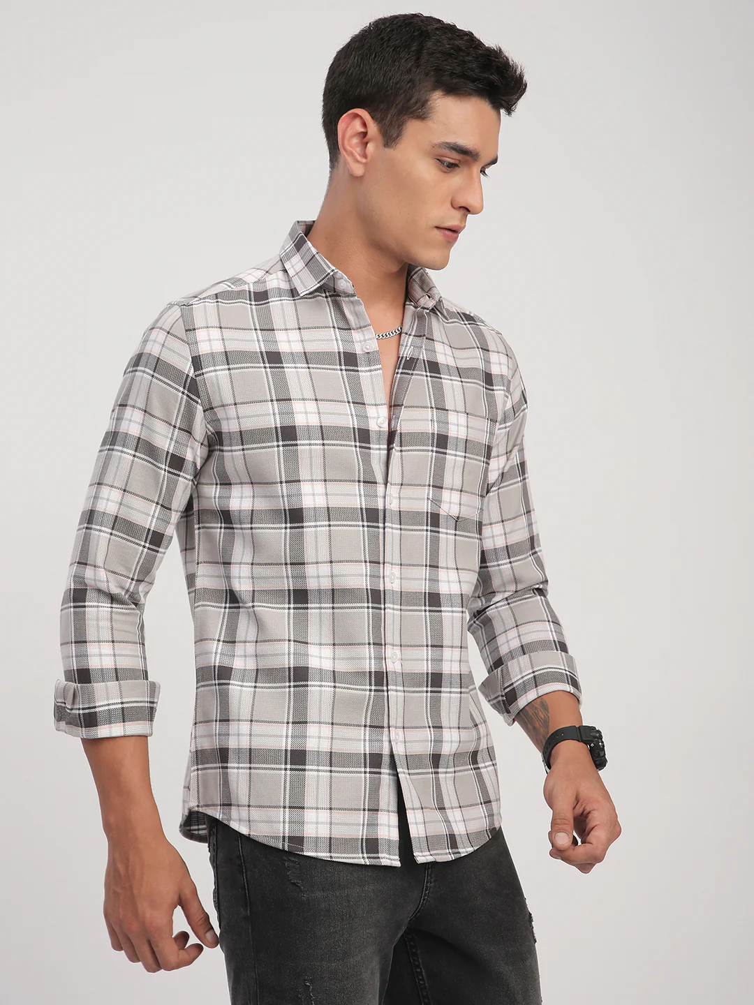 Grey Elegant Plaid Checks Shirt - Image 5