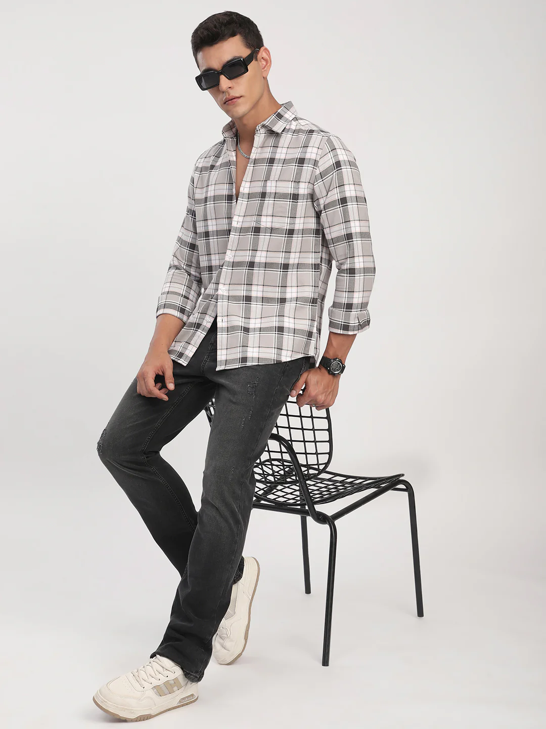 Grey Elegant Plaid Checks Shirt - Image 7