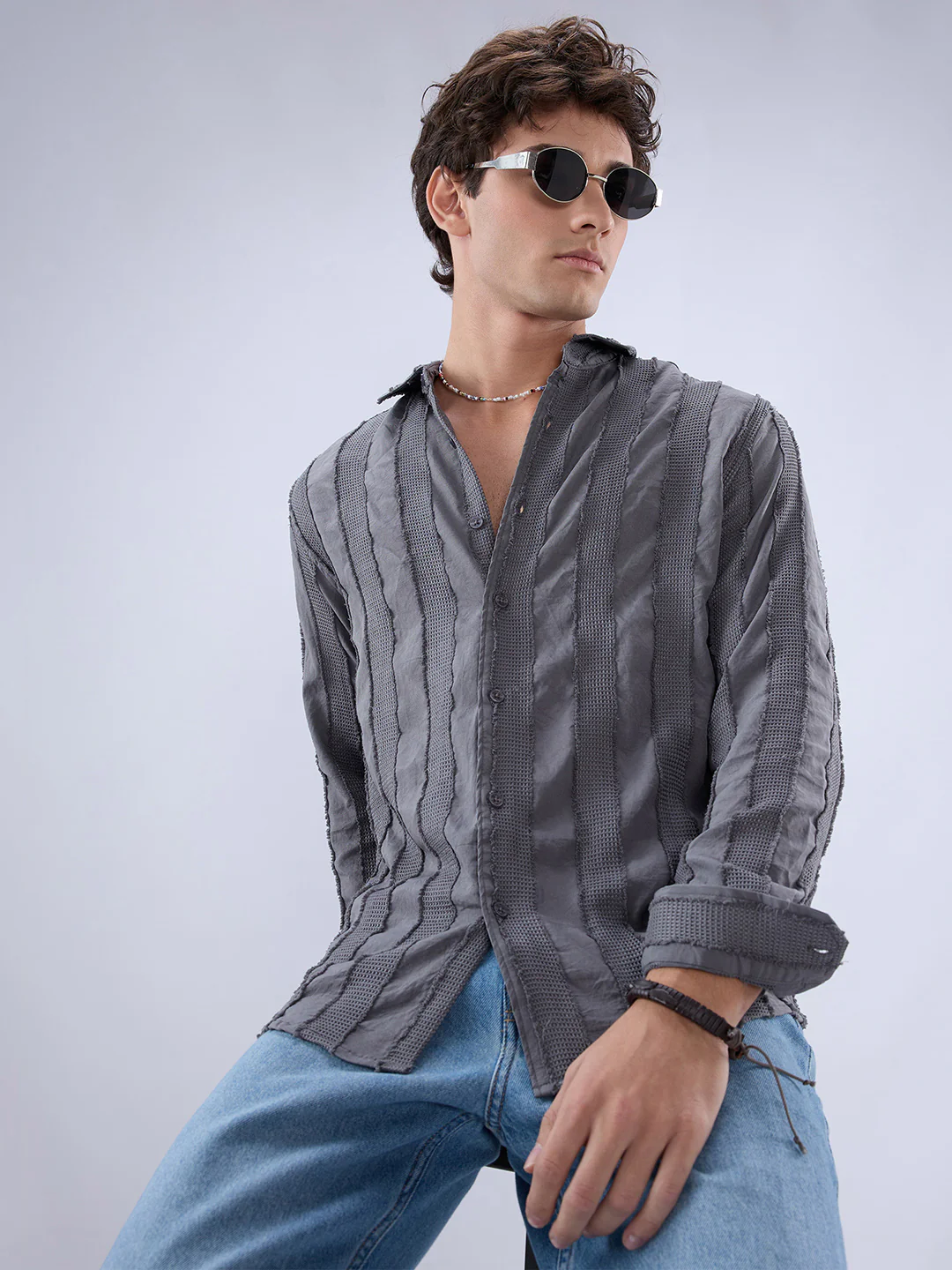 Grey Frayed Panelled Waffle Textured Shirt - Image 2