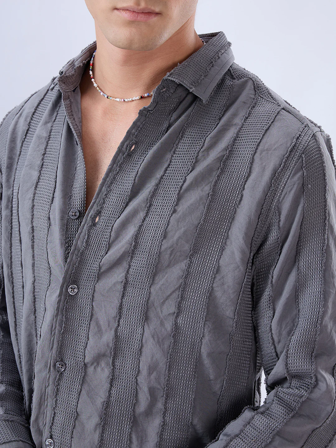 Grey Frayed Panelled Waffle Textured Shirt - Image 3