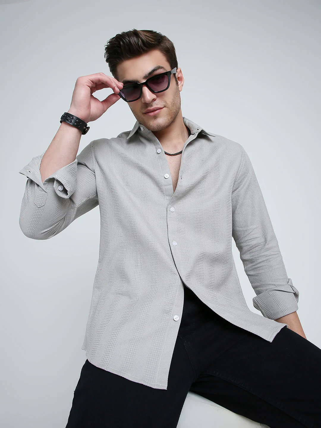 Grey Haze Waffle Grid Weave Shirt - Image 2