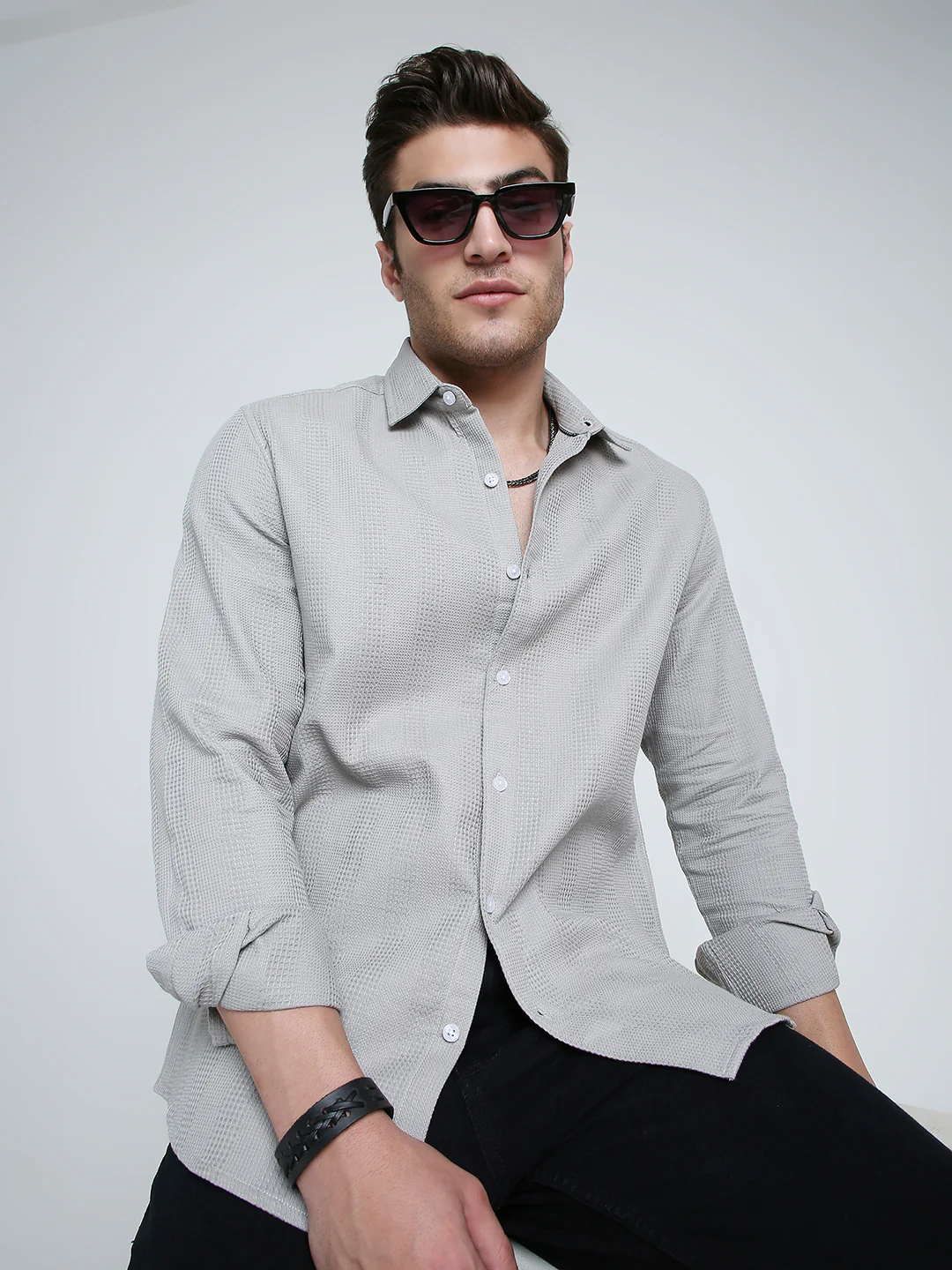 Grey Haze Waffle Grid Weave Shirt - Image 4