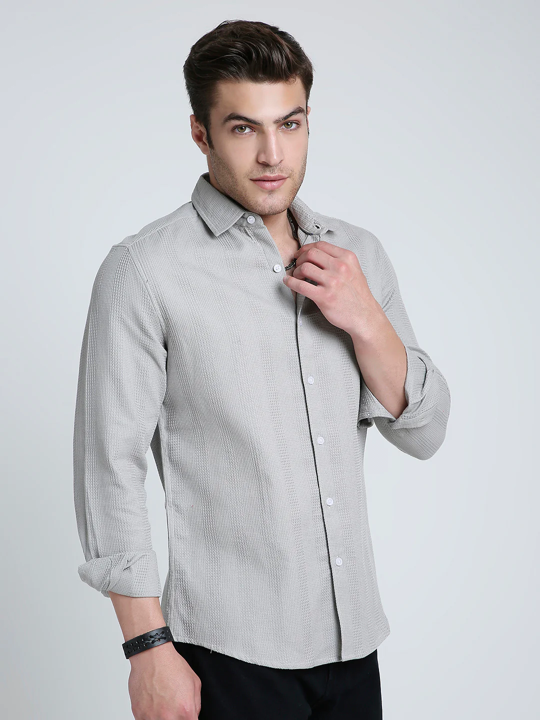 Grey Haze Waffle Grid Weave Shirt - Image 6