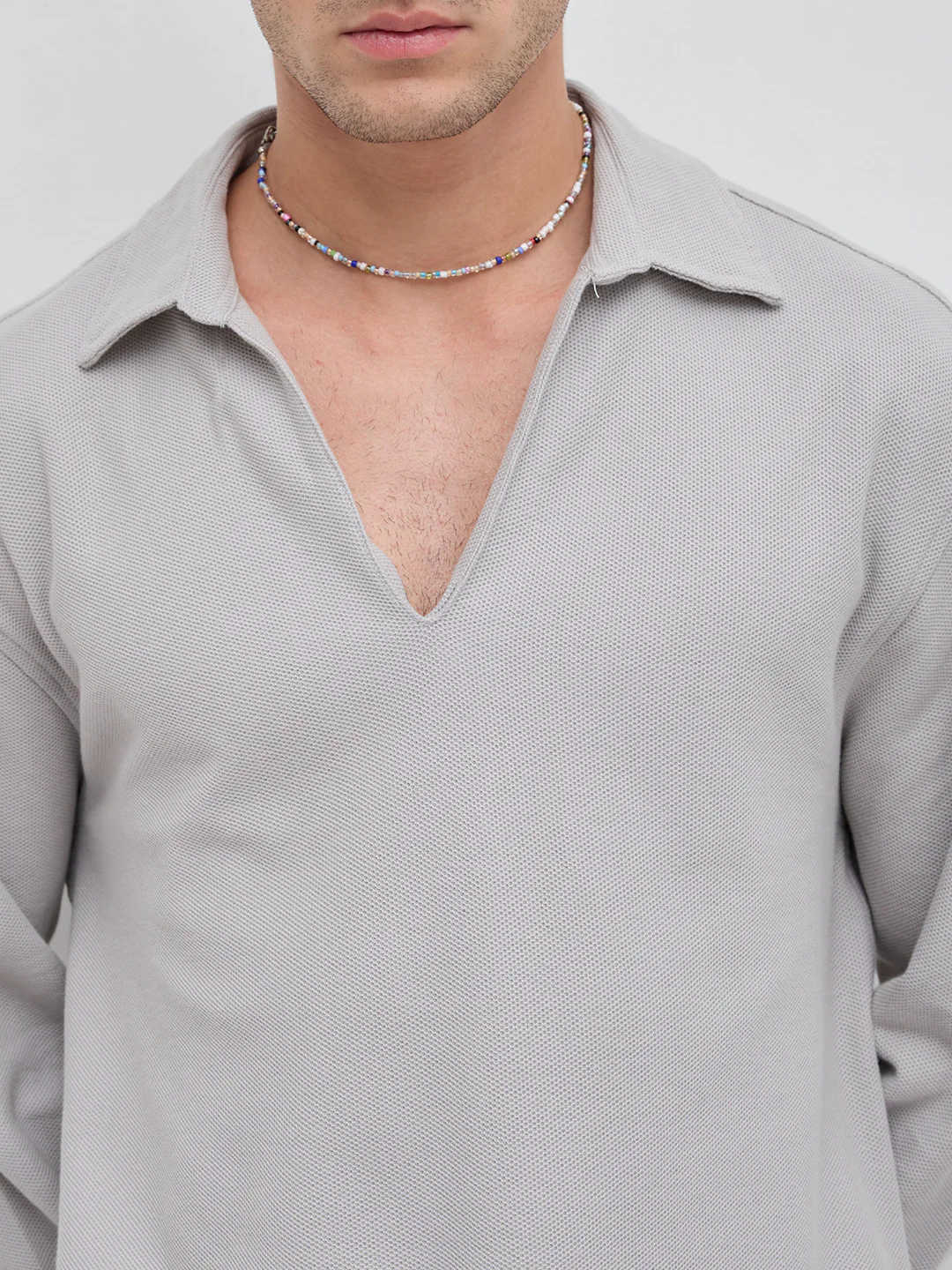 Grey Honeycomb Textured Knitted Oversized Polo Shirt - Image 3