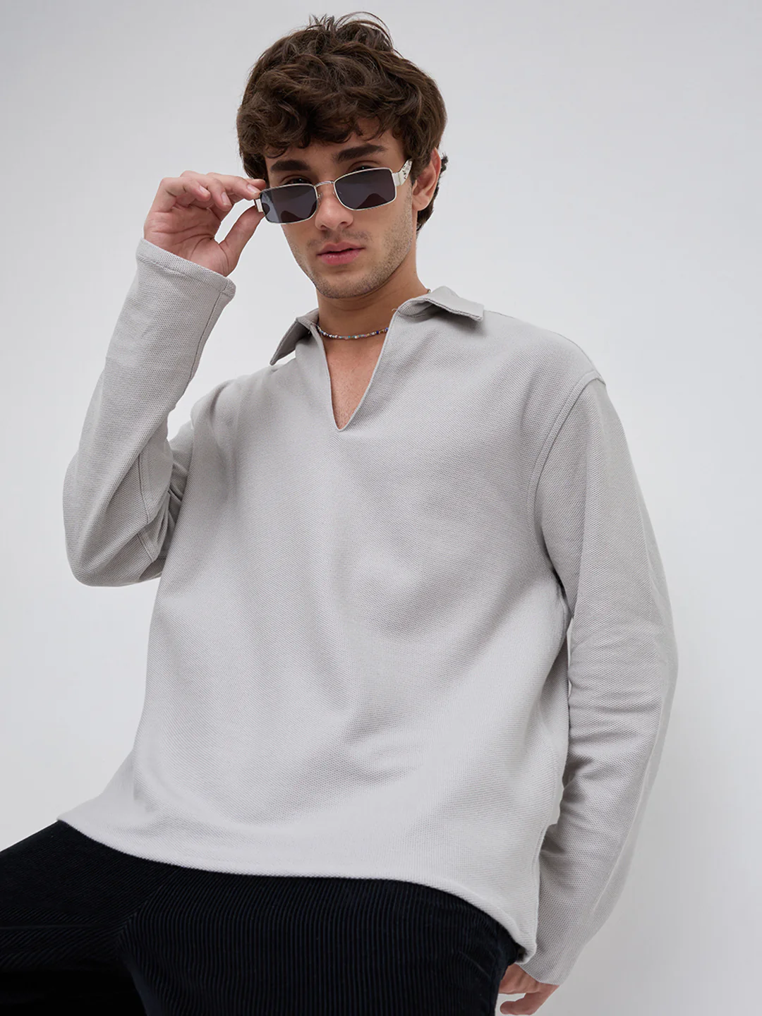 Grey Honeycomb Textured Knitted Oversized Polo Shirt - Image 4