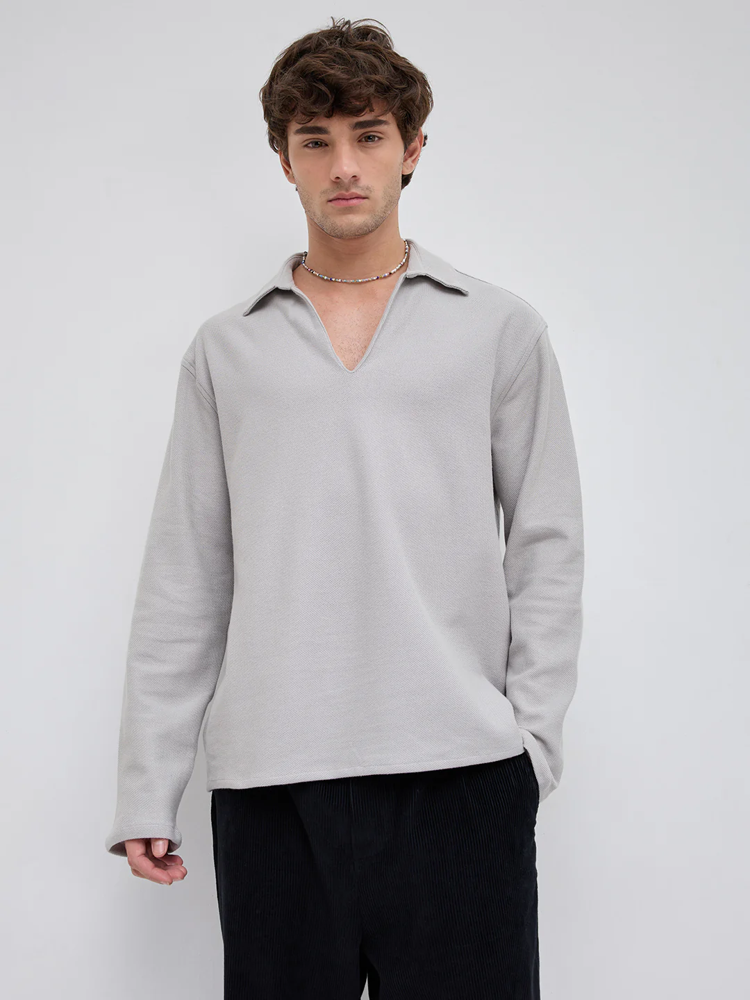 Grey Honeycomb Textured Knitted Oversized Polo Shirt - Image 5