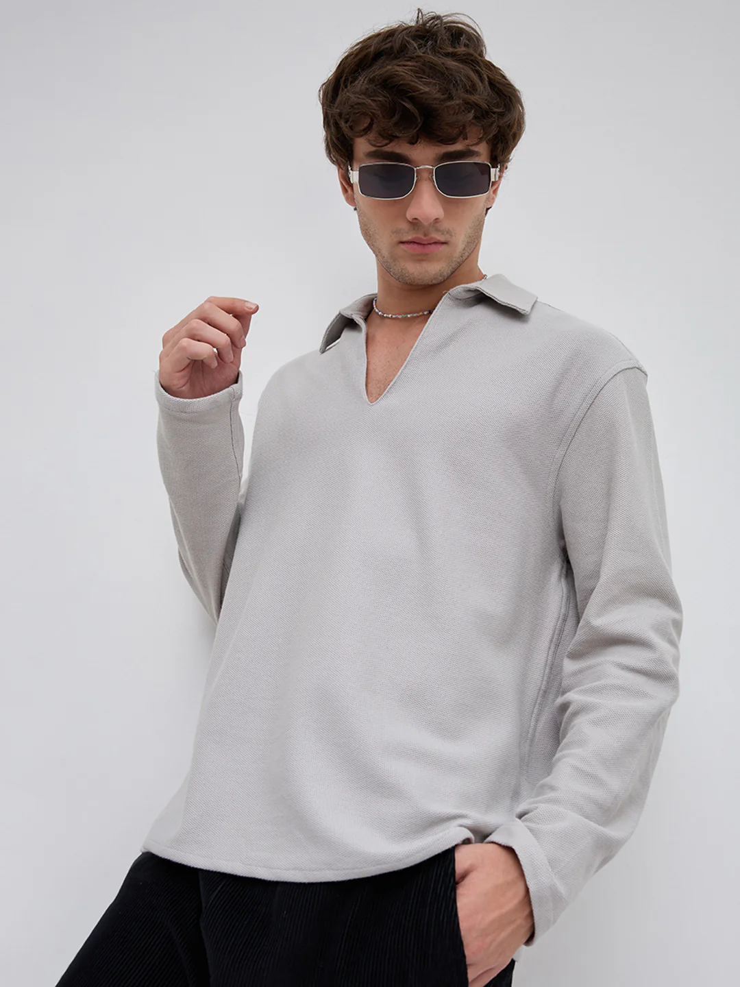 Grey Honeycomb Textured Knitted Oversized Polo Shirt - Image 6