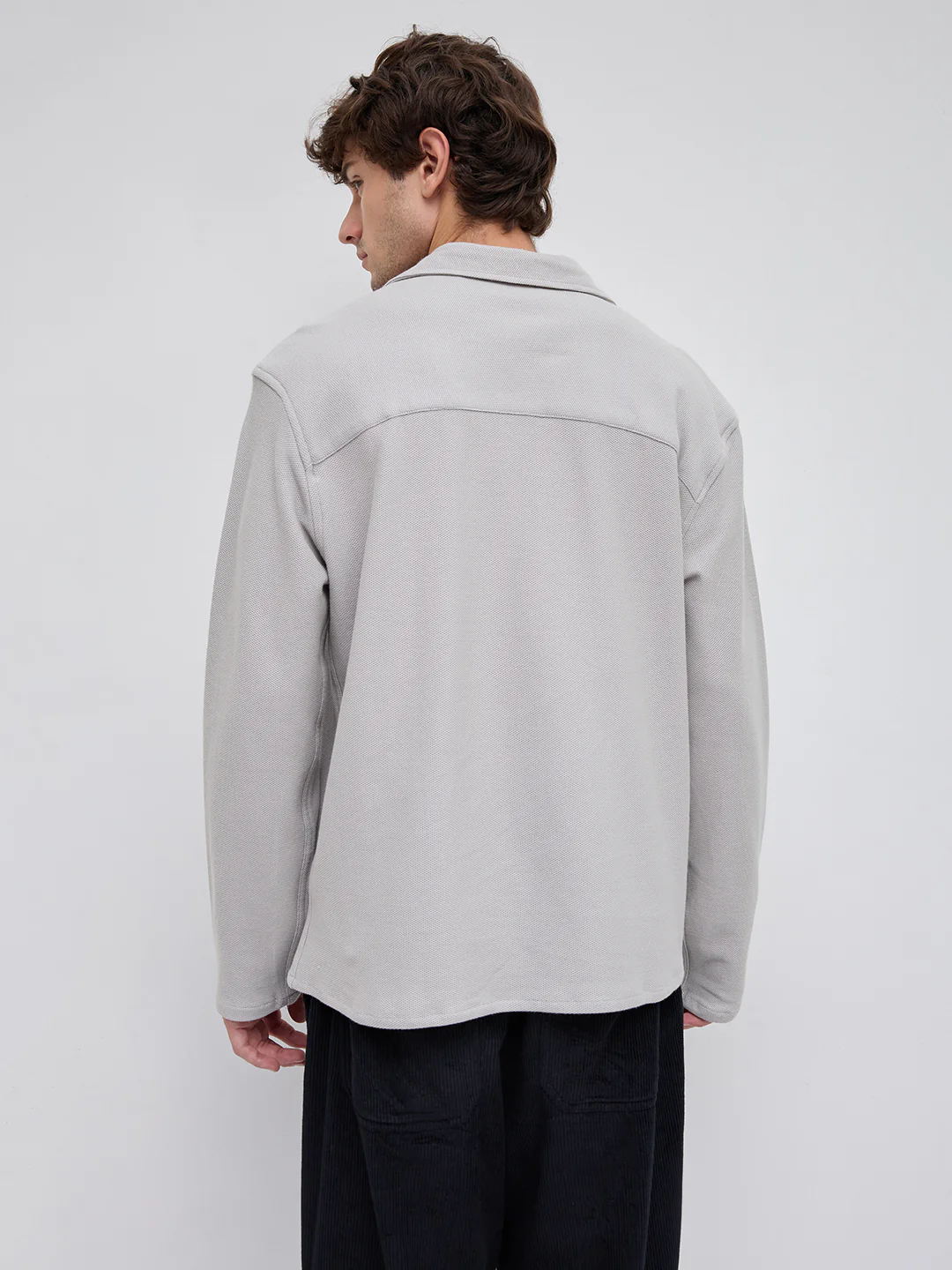 Grey Honeycomb Textured Knitted Oversized Polo Shirt - Image 7