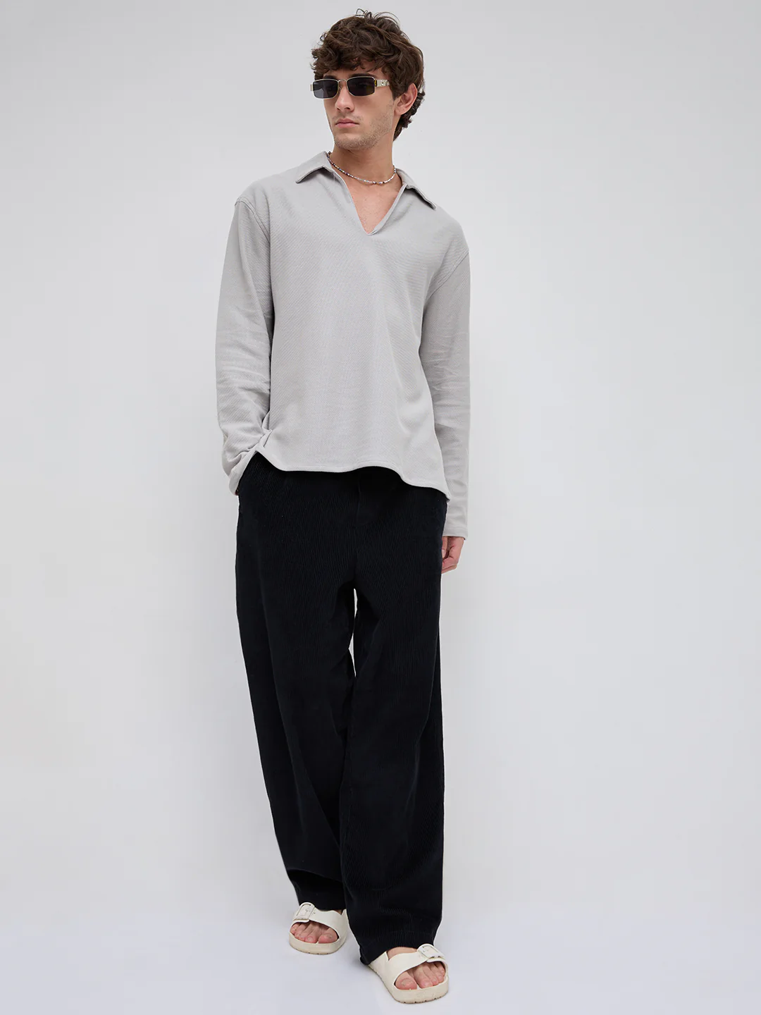 Grey Honeycomb Textured Knitted Oversized Polo Shirt - Image 8