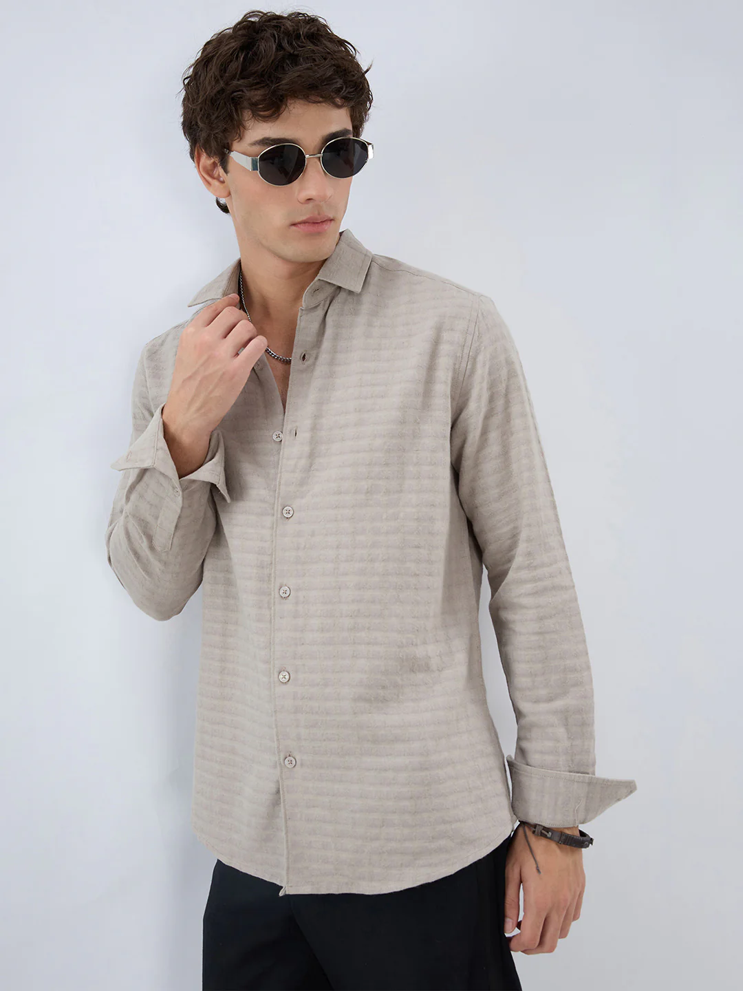 Grey Horizontal Striped Textured Shirt - Image 2