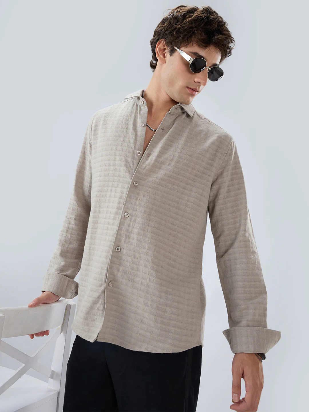 Grey Horizontal Striped Textured Shirt - Image 4