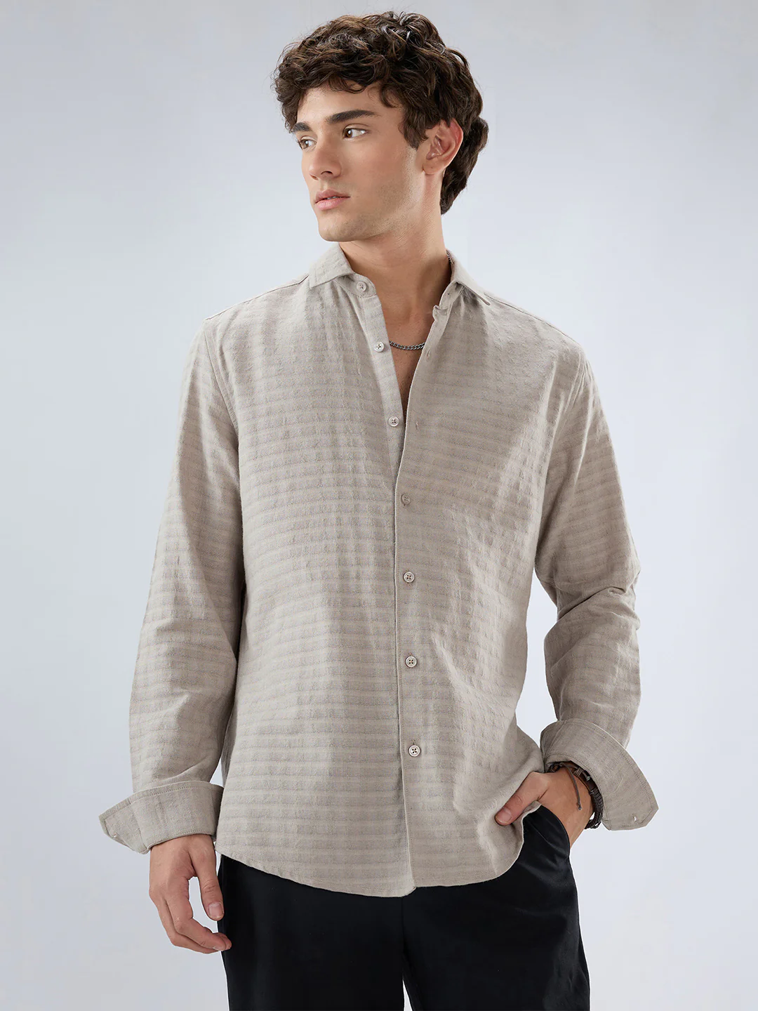 Grey Horizontal Striped Textured Shirt - Image 5