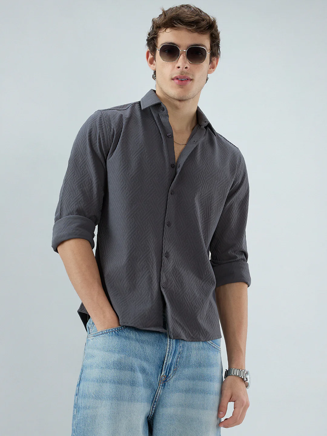 Grey Interlock Maze Weave Knitted Shirt - Image 2
