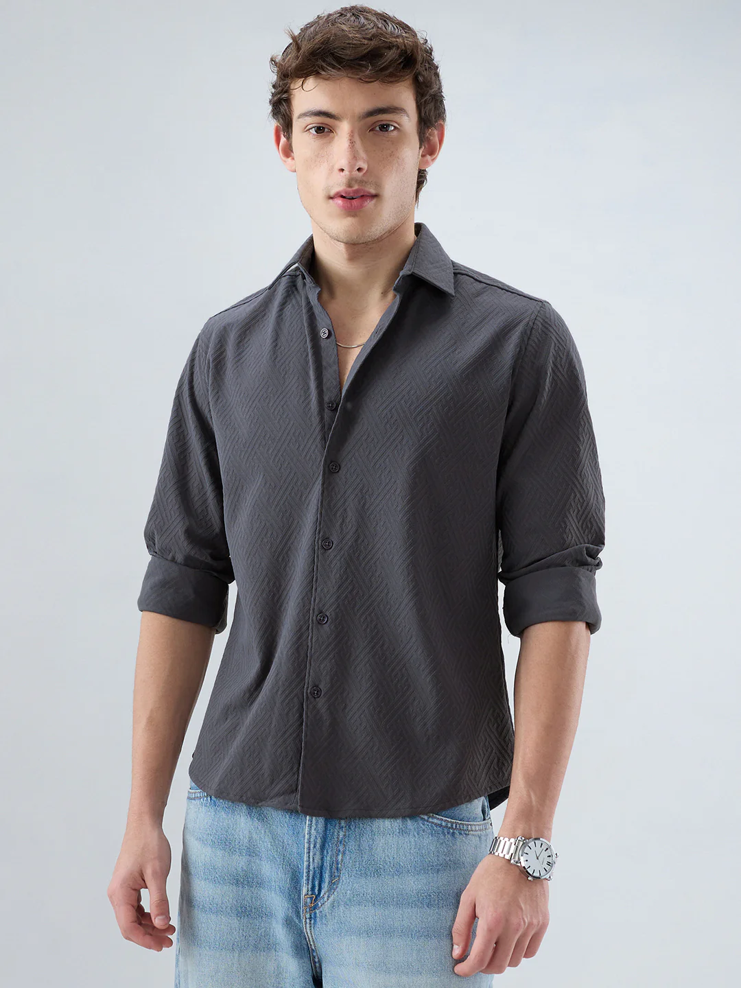 Grey Interlock Maze Weave Knitted Shirt - Image 5